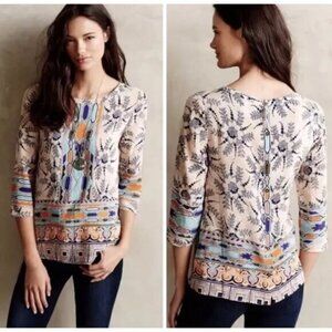 Anthropologie Maeve 100% Silk 3/4 Sleeve Floral Print Back Button Blouse Size 4
